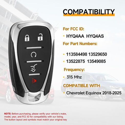 Key Fob Replacement Fits for Chevy Equinox 2018 2019 2020 2021 2022 2023 2024 2025 Smart Car Proximity Keyless Entry Remote Control HYQ4AA 315Mhz 13584498 13529650 in Saudi Arabia