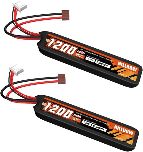 بطارية Hilldow 2S Airsoft 1200mAh 20C 7.4V بطارية Airsoft قابلة للشحن بطارية RC عالية التفريغ مع قابس TMY صغير لبنادق Airsoft in Kuwait