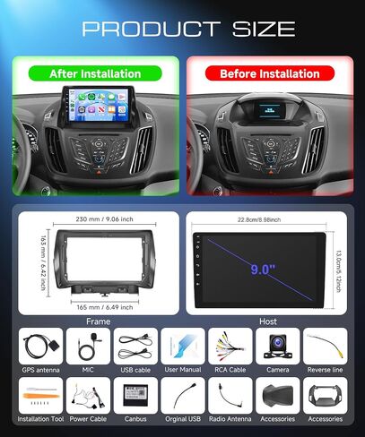 8 Core 6G+128G Android Car Stereo for Ford Escape 2013-2019 with Wireless CarPlay Android Auto, 9" Touchscreen Car Radio Mirror Link GPS WiFi Bluetooth FM RDS DSP EQ SWC Backup Camera in Kuwait
