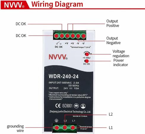 WDR-240-24 24V, Input:267~500VAC,Output:24VDC 10A, 240W Industrial DIN Rail Power Supply AC to DC Converter in Saudi Arabia