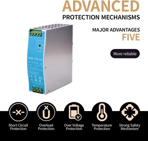 NDR-120-24 24V 5A 120W DIN Rail Power Supply - Reliable Power for DIY Projects - Universal 90-264VAC Input - Robust and Compact - Built-in Protections - UL508 Certified in Saudi Arabia