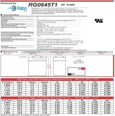 Raion Power RG0645T1 6V 4.5Ah Replacement SLA Emergency Light Battery for Astralite 20-0008 - 8 Pack in Kuwait