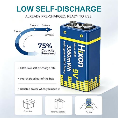 Hixon Rechargeable 9.6V LiFePO4 Battery 4Pack 9 Volt Size with Charger in Kuwait
