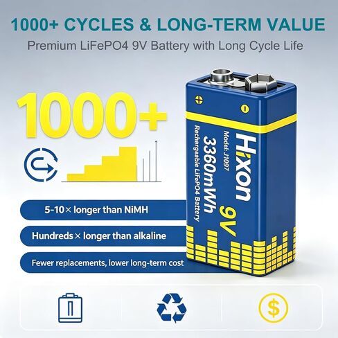 Hixon Rechargeable 9.6V LiFePO4 Battery 4Pack 9 Volt Size with Charger in Kuwait