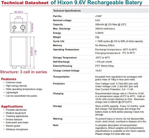 Hixon Rechargeable 9.6V LiFePO4 Battery 4Pack 9 Volt Size with Charger in Kuwait