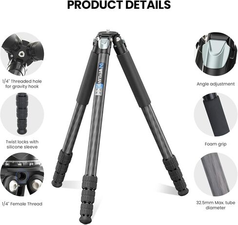Used - WEYLLAN GX7 Compact Carbon Fiber Tripod for Camera Heavy Duty Tripod Camera, 10-Layer Carbon Fiber 32.5mm Tube, Travel tripods Max Load 20kg, Notice Not New in Saudi Arabia