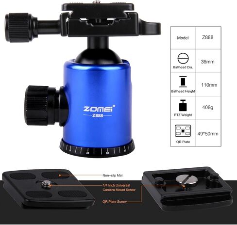 Zomei Z888 Portable SLR Camera Aluminium Tripod Monopod & Ball Head Portable Compact Travel Up to 20lbs Blue in Saudi Arabia