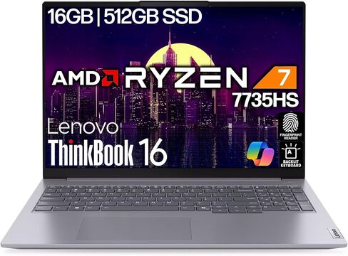 Lenovo ThinkBook 16 Gen 7 16" FHD IPS Display, AMD Ryzen 7 7735HS (Beat Ultra 7 255U), 16GB DDR5 RAM, 512GB NVMe, Backlit Keyboard, Fingerprint, WiFi 6E + BT, RJ-45, Win 11 Pro, AI Business Laptop in Kuwait