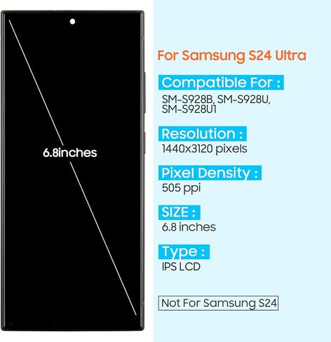 INCELL for Samsung Galaxy S24 Ultra 5G LCD Screen for Galaxy S24 Ultra S928B SM-S928U Screen Replacement Touch Digitizer Assembly Black with Frame (No Fingerprint) in Saudi Arabia