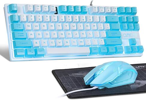 CHONCHOW Blue Keyboard and Mouse Combo, 87 Keys TKL USB Wired LED Light Up Backlit Keyboard, 800-3200 DPI RGB Mouse, Blue Mouse and Keyboard Combo for PS4 PS5 PC Laptop Mac Computers, Main White in Saudi Arabia