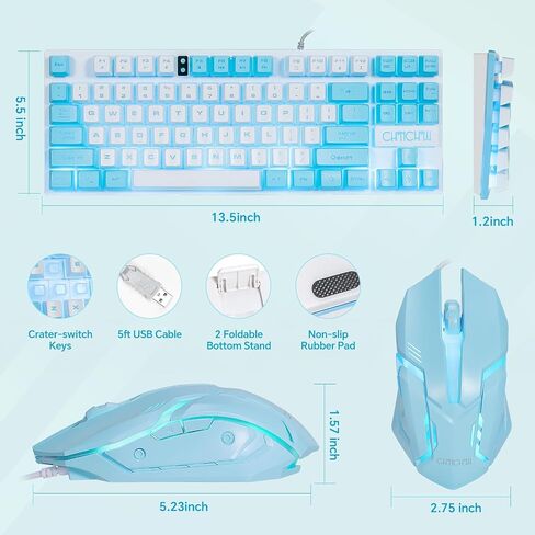 CHONCHOW Blue Keyboard and Mouse Combo, 87 Keys TKL USB Wired LED Light Up Backlit Keyboard, 800-3200 DPI RGB Mouse, Blue Mouse and Keyboard Combo for PS4 PS5 PC Laptop Mac Computers, Main White in Saudi Arabia