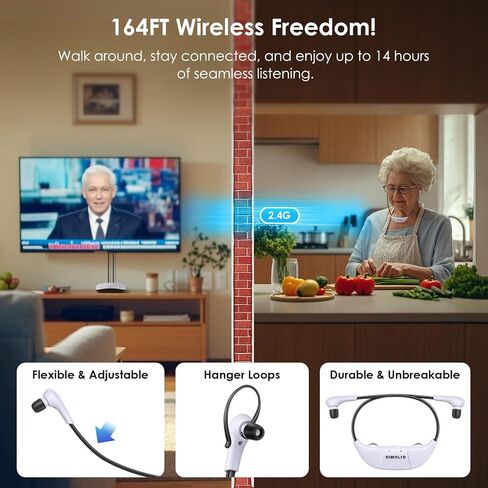 SIMOLIO Digital 2.4G Dual Wireless TV Headsets with Spare Battery, Eartips and Additional Ear Hooks, TV Hearing Device for Hard of Hearing in Kuwait