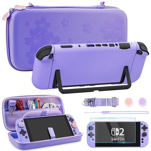 FUNDIARY Purple Sakura Switch 2 Carrying Case for NS Switch 2, Cute Case Bundle with Portable Storage Travel Bag, Dockable Protective Cover, Screen Protector and 2 Thumb Caps, Christmas Gift for Grils in Saudi Arabia
