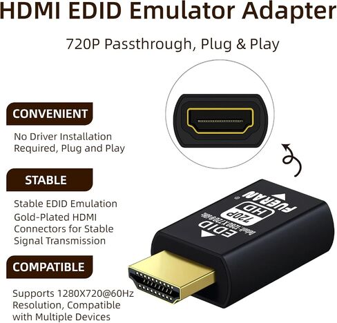 محول محاكي HDMI edid، محاكي 1280X720@60 هرتز، تمرير موثوق به لمقسمات الفيديو، والموسعات، وأجهزة استقبال AV - التوصيل والتشغيل، 720@60 هرتز (عبوة واحدة) in Kuwait