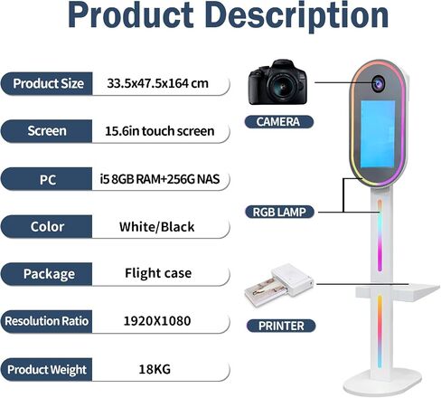 Magic Mirror Photo Booth,15.6" Touch Screen DSLR Photo Booth Machine, Built-in Mini PC, Remote App Control RGB Light for Weddings, Parties & Events (White) in Saudi Arabia