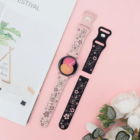 2 Pack Floral Engraved Bands for Samsung Galaxy Watch 7 6 5 4 FE 40mm 44mm/Active 2/Watch 3 41mm Women, 20mm Cute Two-Tone Soft Silicone Sport Strap in Saudi Arabia