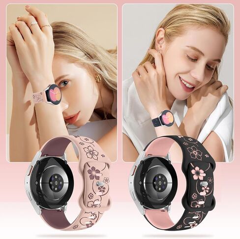 2 Pack Floral Engraved Bands for Samsung Galaxy Watch 7 6 5 4 FE 40mm 44mm/Active 2/Watch 3 41mm Women, 20mm Cute Two-Tone Soft Silicone Sport Strap in Saudi Arabia