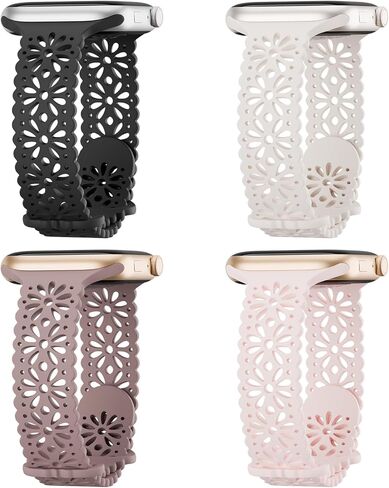 4 Pack Slim Lace Silicone Bands Compatible for Apple Watch 38mm 40mm 41mm 42mm 44mm 45mm 46mm 49mm, Thin Hollow-out Floral Breathable Strap for iWatch Series 11/10/9/8/7/6/5/4/3/2/1Ultra SE Women Men in Saudi Arabia