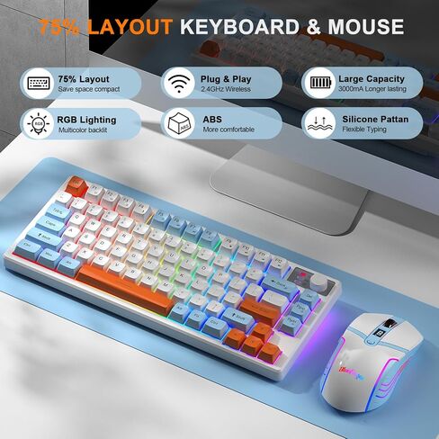 BlueFinger 75% Wireless Gaming Keyboard and Mouse with Smart Display, Rechargeable Light Up Wireless Keyboard with Knob Control, RGB Backlit Gaming Mouse for Mac Laptop Computer PC Gamer in Saudi Arabia