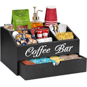 Coffee Bar Organizer Countertop, Wooden Bar Accessories With Drawer, Coffee Station Organizer Pods Holder Storage Basket, Farmhouse Tea Condiment Station in Saudi Arabia