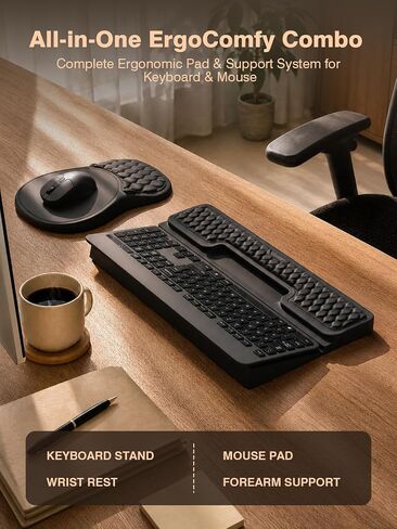 Ergonomic Keyboard and Mouse Pad Combo with Stand/Wrist Rest, Black in Kuwait