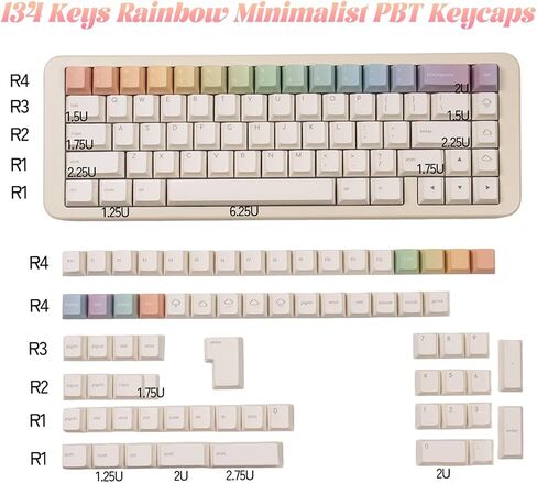 أغطية مفاتيح PBT، مجموعة أغطية لوحة المفاتيح ذات 134 مفتاحًا بسيطة بألوان قوس قزح الكرز in Kuwait
