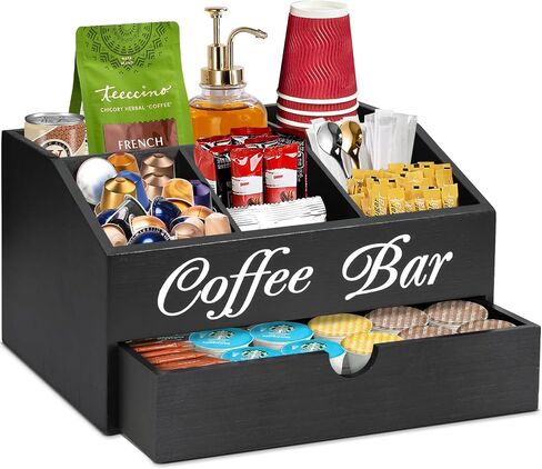 Coffee Bar Organizer Countertop, Wooden Bar Accessories With Drawer, Coffee Station Organizer Pods Holder Storage Basket, Farmhouse Tea Condiment Station in Saudi Arabia