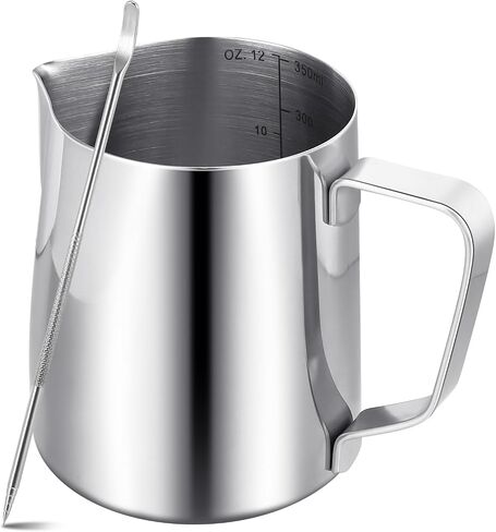 Milk Frothing Pitcher,Milk Steaming Frother Cup,Barista Cappuccino Latte Art Milk Jug with Decorating Pen,Stainless Steel Espresso Coffee Bar Accessories Tools (Silver, 12oz) in Saudi Arabia
