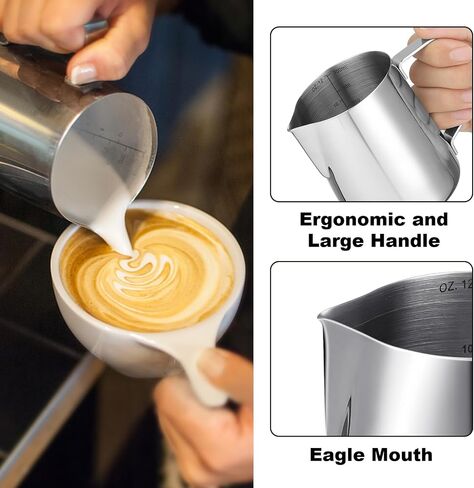 Milk Frothing Pitcher,Milk Steaming Frother Cup,Barista Cappuccino Latte Art Milk Jug with Decorating Pen,Stainless Steel Espresso Coffee Bar Accessories Tools (Silver, 12oz) in Saudi Arabia