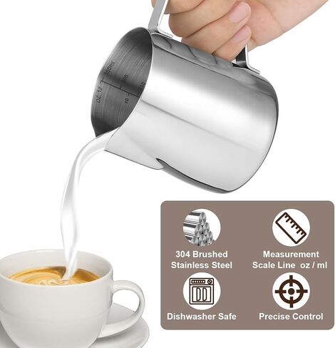 Milk Frothing Pitcher,Milk Steaming Frother Cup,Barista Cappuccino Latte Art Milk Jug with Decorating Pen,Stainless Steel Espresso Coffee Bar Accessories Tools (Silver, 12oz) in Saudi Arabia