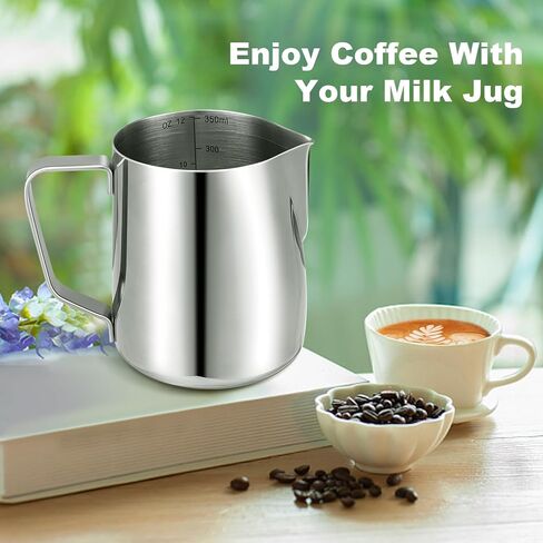 Milk Frothing Pitcher,Milk Steaming Frother Cup,Barista Cappuccino Latte Art Milk Jug with Decorating Pen,Stainless Steel Espresso Coffee Bar Accessories Tools (Silver, 12oz) in Saudi Arabia