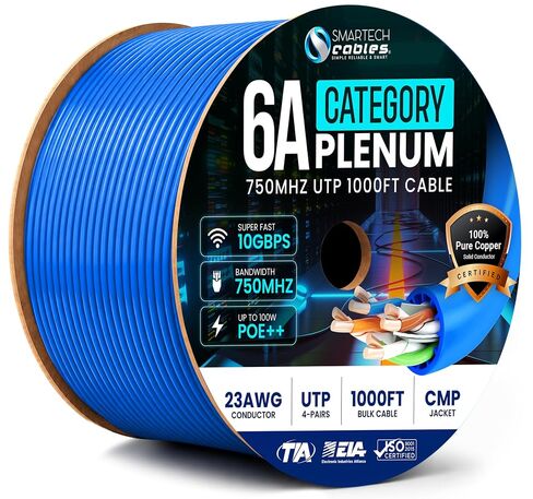 Smartech Cables | Cat6a Plenum Ethernet Cable 1000ft Certified 100% Solid Pure Copper 23 AWG, 10Gbps, 750MHz, PoE++ (4PPoE, up to 100 W) | High-Performance Ethernet Cable Cat 6a for Structured Cabling in Saudi Arabia