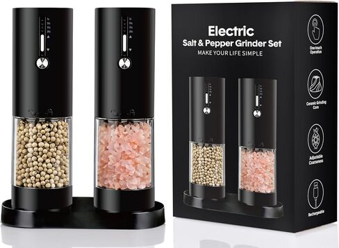 2Pack Electric Salt & Pepper Grinder Set One-Touch Operation Adjustable Coarseness Ceramic Grinding Core USB Rechargeable with LED Light for Kitchen, Restaurant, Outdoor, Black (black+black) in Saudi Arabia