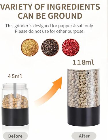 2Pack Electric Salt & Pepper Grinder Set One-Touch Operation Adjustable Coarseness Ceramic Grinding Core USB Rechargeable with LED Light for Kitchen, Restaurant, Outdoor, Black (black+black) in Saudi Arabia