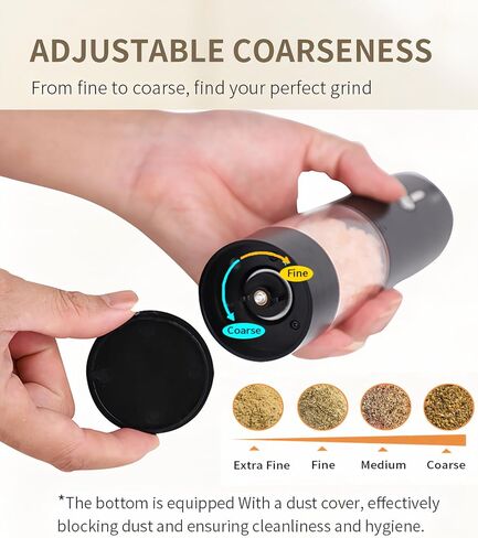2Pack Electric Salt & Pepper Grinder Set One-Touch Operation Adjustable Coarseness Ceramic Grinding Core USB Rechargeable with LED Light for Kitchen, Restaurant, Outdoor, Black (black+black) in Saudi Arabia