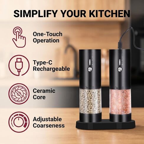 2Pack Electric Salt & Pepper Grinder Set One-Touch Operation Adjustable Coarseness Ceramic Grinding Core USB Rechargeable with LED Light for Kitchen, Restaurant, Outdoor, Black (black+black) in Saudi Arabia