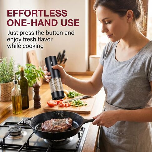 2Pack Electric Salt & Pepper Grinder Set One-Touch Operation Adjustable Coarseness Ceramic Grinding Core USB Rechargeable with LED Light for Kitchen, Restaurant, Outdoor, Black (black+black) in Saudi Arabia