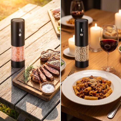 2Pack Electric Salt & Pepper Grinder Set One-Touch Operation Adjustable Coarseness Ceramic Grinding Core USB Rechargeable with LED Light for Kitchen, Restaurant, Outdoor, Black (black+black) in Saudi Arabia