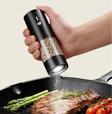 2Pack Electric Salt & Pepper Grinder Set One-Touch Operation Adjustable Coarseness Ceramic Grinding Core USB Rechargeable with LED Light for Kitchen, Restaurant, Outdoor, Black (black+black) in Saudi Arabia