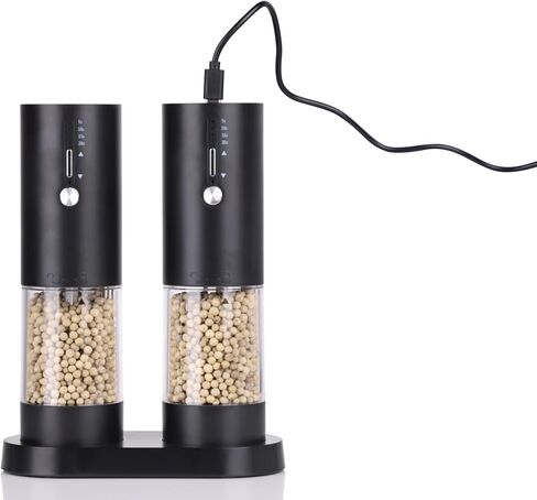 2Pack Electric Salt & Pepper Grinder Set One-Touch Operation Adjustable Coarseness Ceramic Grinding Core USB Rechargeable with LED Light for Kitchen, Restaurant, Outdoor, Black (black+black) in Saudi Arabia