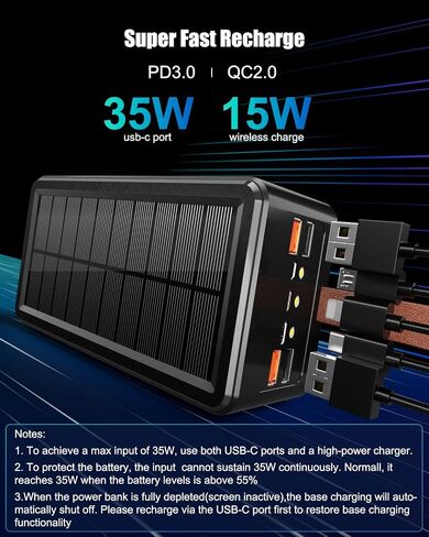 80000mAh Power Bank 35W Fast Charging Wireless Solar Charger - High Capacity Charger Power Bank for Camping, Travel, Emergencies, Tech Devices | 7-Port PD/USB-C, LED Flashlight (Black) in Kuwait