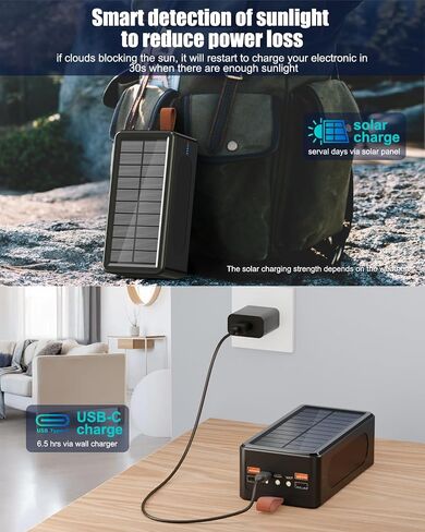80000mAh Power Bank 35W Fast Charging Wireless Solar Charger - High Capacity Charger Power Bank for Camping, Travel, Emergencies, Tech Devices | 7-Port PD/USB-C, LED Flashlight (Black) in Kuwait