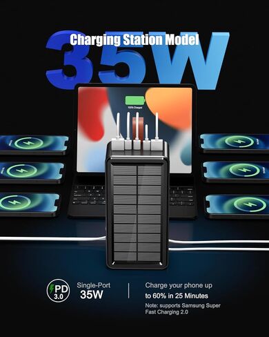 80000mAh Power Bank 35W Fast Charging Wireless Solar Charger - High Capacity Charger Power Bank for Camping, Travel, Emergencies, Tech Devices | 7-Port PD/USB-C, LED Flashlight (Black) in Kuwait