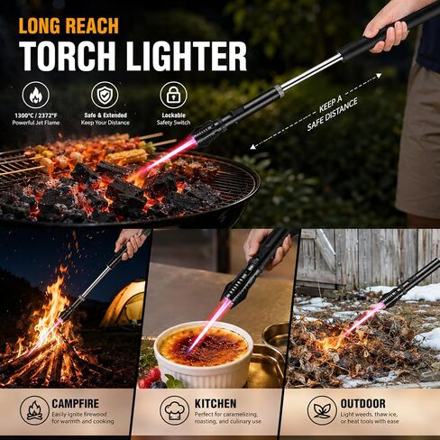 Extendable Torch Lighter, Retractable Length (16.9"-41"), Refillable & Adjustable Windproof Flame with Safety Lock, Long Lighter for Grill, Camping, Candle, Fireplace(Without Butane) in Saudi Arabia