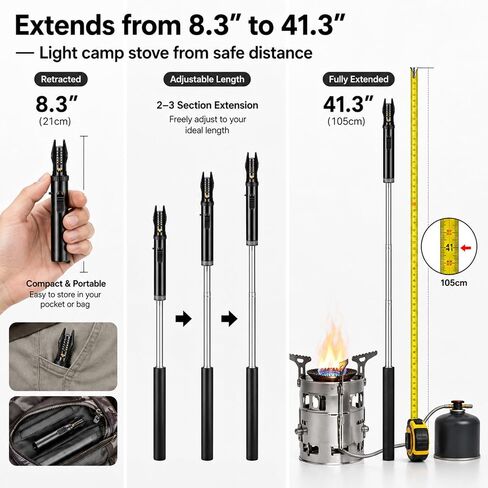 Extendable Torch Lighter, Retractable Length (16.9"-41"), Refillable & Adjustable Windproof Flame with Safety Lock, Long Lighter for Grill, Camping, Candle, Fireplace(Without Butane) in Saudi Arabia