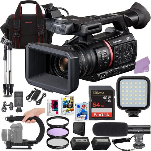 Panasonic AG-CX370 UHD 4K Pro Camcorder with NDI|HX2 and AutoTracking Bundle + Accessory Package including 64GB Extreme Memory, LED Video Light, Microphone, U-Grip, Filters, Software & More (26 Items) in Saudi Arabia