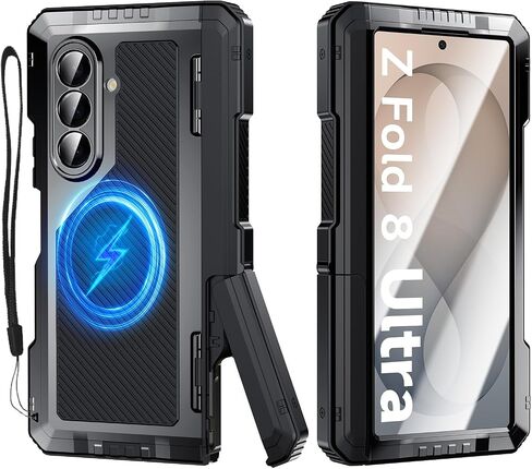 Rugged Armor Magnetic Case for Samsung Galaxy Z Fold 8 Ultra, Military Grade Drop Protection, Full Hinge Cover, Built-in Screen Protector & Kickstand, Metal Shockproof Protective Case, Black in Saudi Arabia