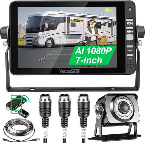 Backup AI Camera for Trucks,VAS Wire Reversing AI Camera System 7-inch 1080P HD Monitor 3 Video 2 Audio Inputs with Automatic Pedestrian&Vehicle Detection,Adjustable Reverse Guidelines in Saudi Arabia