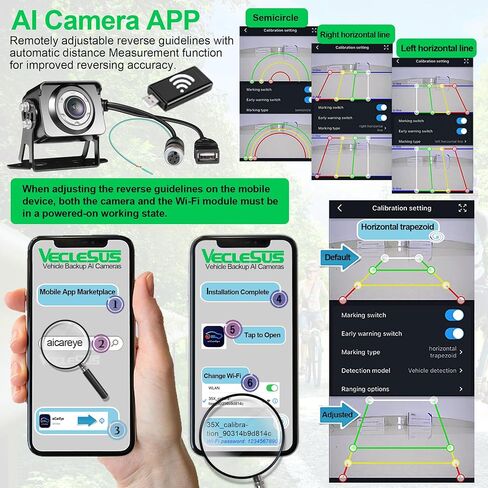 Backup AI Camera for Trucks,VAS Wire Reversing AI Camera System 7-inch 1080P HD Monitor 3 Video 2 Audio Inputs with Automatic Pedestrian&Vehicle Detection,Adjustable Reverse Guidelines in Saudi Arabia