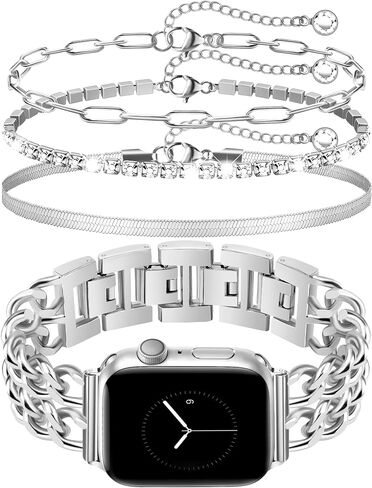 JR.DM Gold Watch Band and 3Pc Bracelets Set for Women Compatible with Apple Watch 38/40/41/42/44/45/46/49mm Elegant Metal Strap Jewelry Chain Bracelet for iWatch Series1/2/3/4/5/6/7/8/9/10/11 SE3/2/1 in Saudi Arabia